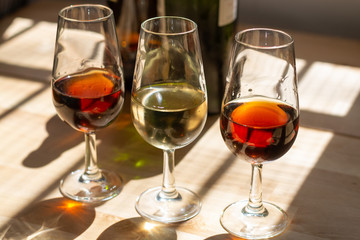 Sherry wine tasting, selection of different jerez fortified wines from dry to very sweet in glasses, Jerez de la Frontera, Andalusia, Spain