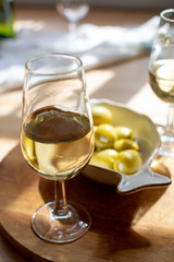Sherry wine tasting, dry fino, manzanilla or palomino jerez fortified wine in glasses, Jerez de la Frontera, Andalusia, Spain
