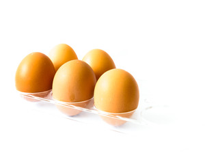 Studio shot five raw brown eggs on plastic package isolated on white