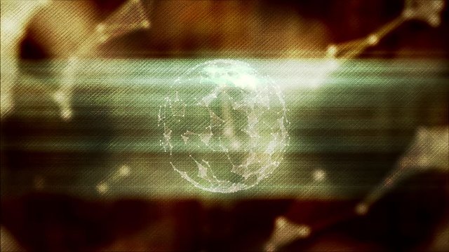 A golden planet inside of another planet, charging from a source of energy.