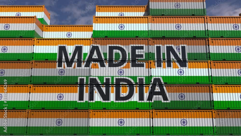 Aufkleber many cargo containers with made in india text and national flags. indian import or export related 3d