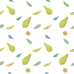 Isolated green yellow pear fruits watercolor painting in seamless pattern containing leaves and sliced fruit on white background
