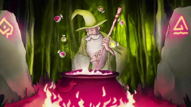 Beautiful colorful animation. Stock footage. Cute cartoon wizard preparing a potion in a cauldron and adding some ingredients from the small bottles.