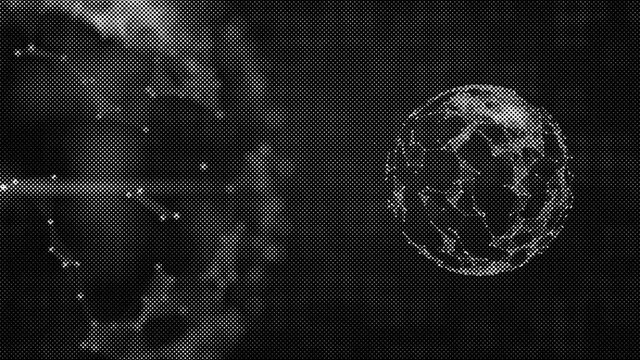Space genetic concept. Abstract background where we can see a birth of new planet out of light source behind a glitch curtain.