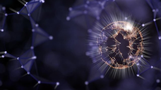 Blockchain network concept. Network of abstract elements with codified information covering the surface of beaming planet and floating everywhere.