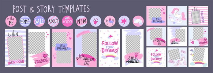 Editable layout templates for social media posts and stories, mobile apps, banner or flyer design. Social media pack for posts and stories with unicorn © Iryna