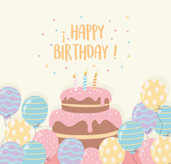 birthday cake with candles and balloons party decoration
