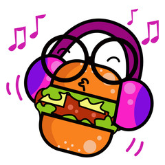 Burger Character Cute Cartoon Playing Music With Headphone Vector Template Design Illustration