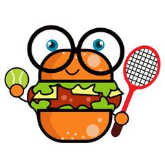 Burger Character Cute Cartoon With Racket Tennis Vector Template Design Illustration