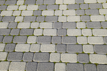 Industrial building background of paving slabs with overgrown wi