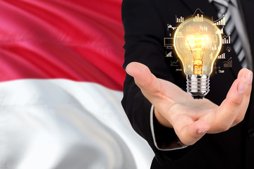 Monaco creativity concept. Businessman with a light bulb in his hand on national background....