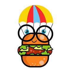 Burger Character Cute Cartoon With Parachute Vector Template Design Illustration