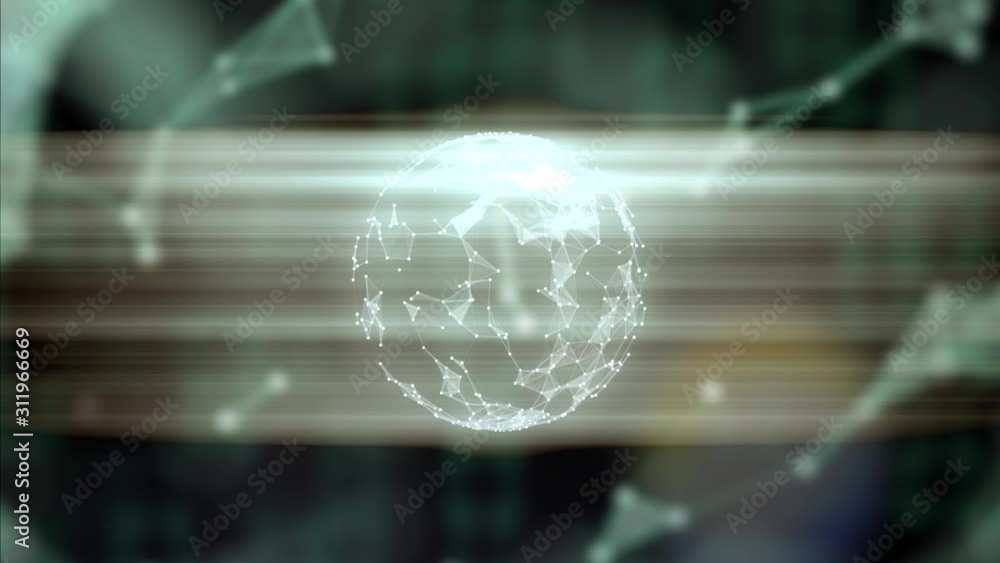 Poster nuclear energy concept. abstract animation of nucleus turning around inside of transparent globe or 