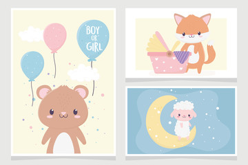 baby shower cute little bear fox sheep balloons moon cards