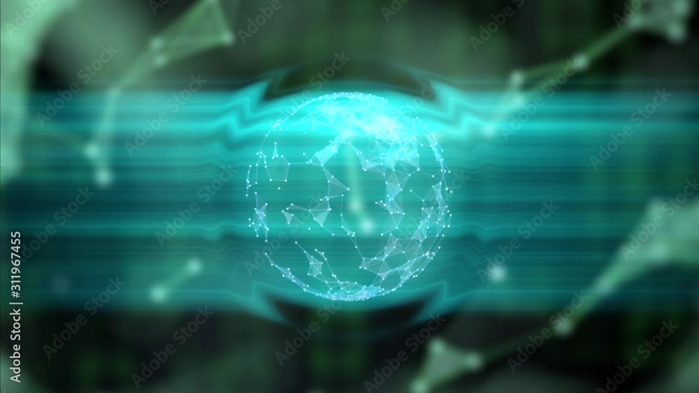 Poster nuclear energy concept. abstract animation of nucleus turning around inside of transparent globe or 