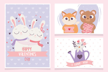 Obraz na płótnie Canvas happy valentines day greeting cards rabbit bear and cat gift flowers love