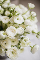 Lots of white ranunculi to create a bouquet. Education. Florist communication with customer in the workshop in the studio with flowers.