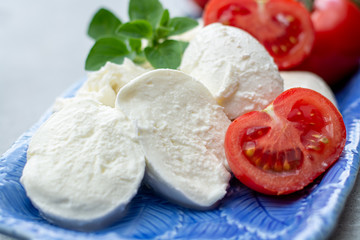 Cheese collection, fresh Italian soft mozzarella cheese in balls served with red ripe tomatoes