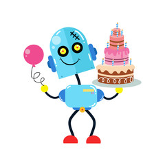 Fun Robot Activity with Birthday Cake. Boy Robot Robots. Cartoon Cute Vector Template Design Illustration