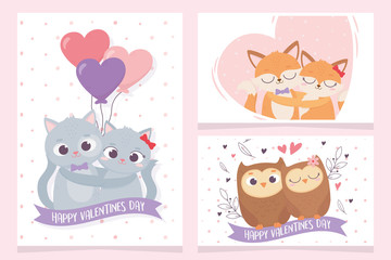happy valentines day cute cats owls foxes love hearts floral cards