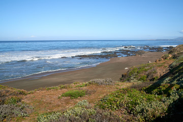 view of the California coastline beach sand and ocean