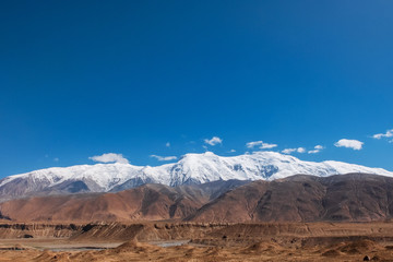 Great snow-capped mountain of Mount Muztag Ata on the Pamirs Plateau