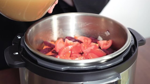 Step by step. Cooking beet soup, borscht with organic vegetables in multicooker.