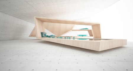 Abstract architectural concrete, wood and glass interior of a minimalist house with swimming pool and large window. 3D illustration and rendering.