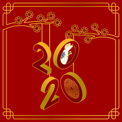 Happy Chinese New Year 2020 Year vector of the rat with line art style. Red background of Chinese New Year elements, Year of Rat 2020, symbol of 2020 on the Chinese calendar for New Year's design.