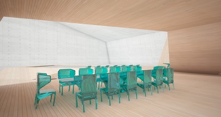 Abstract architectural concrete, wood and glass interior of a minimalist house with swimming pool and large window. 3D illustration and rendering.