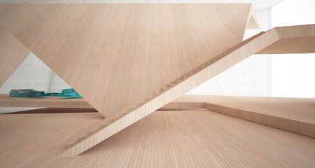 Abstract architectural concrete, wood and glass interior of a minimalist house with swimming pool and large window. 3D illustration and rendering.