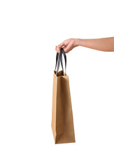 Female hand holding blank brown papaer shopping bags