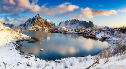 Panorama of beautiful sunrise in Norway - lofotens - Reine