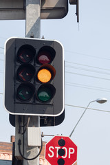 yellow light sign, traffic sign - yellow sign for cars with stop sign at headlight and turn right...