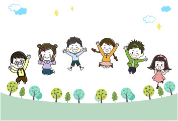 緑の散歩道　ジャンプするこどもたち　イラスト