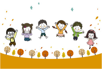 秋の散歩道　ジャンプするこどもたち　イラスト