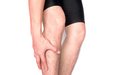 Leg Pain .man stand hand caught at the calf muscles. health concepts on white background