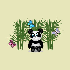 Panda and bamboo, bright multicolored butterflies, children's illustration, light beige background, vector