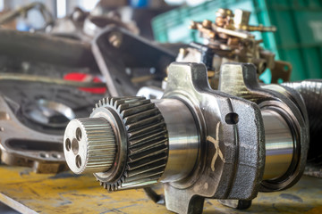 closed up of the crankshaft of diesel engine on working table