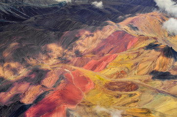 Arial view Colourful Mountains of himalayas from Flight window, Ladakh, India, Asia