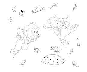 Two cartoon Tooth Fairy surprised to find a damaged tooth with caries. Illustration Icons of teeth, crowns, toothbrushes and paste. Outline drawing. Coloring