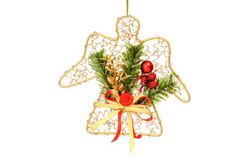 red with gold christmas tree decoration angel on white background