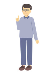 メガネをかけた青い服を着たワンポイントな男性