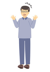  メガネをかけた青い服を着た驚く男性