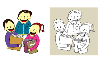 Children holding books and talking.