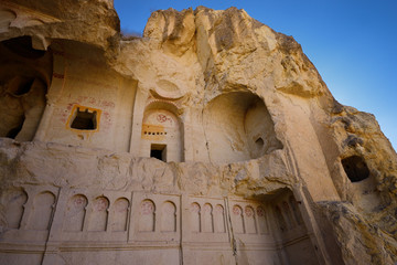 Collapsed exterior of the Dark Church cave at the Goreme Valley Open Air Museum Turkey