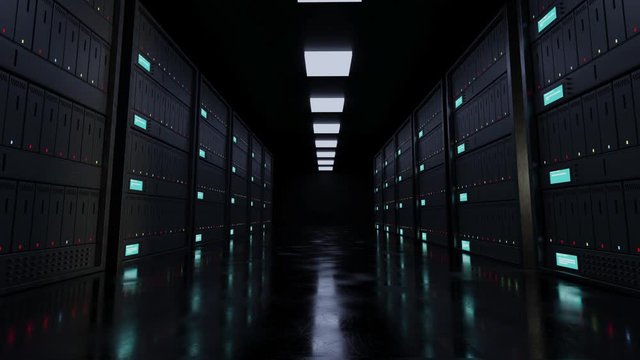 Dark server room dolly in tilt up CGI