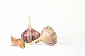 pink garlic and cloves isolated on white background