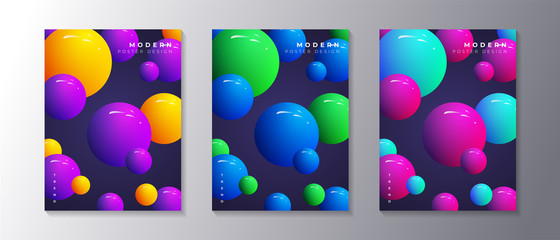 Abstract Dynamic 3d sphere Bubbles Design Set, glowing gradient neon balls, modern trendy poster or banner design
