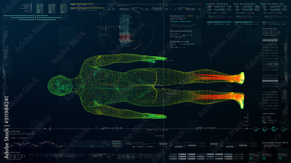 Poster futuristic head up display motion element virtual biomedical holographic human body scan neurologica